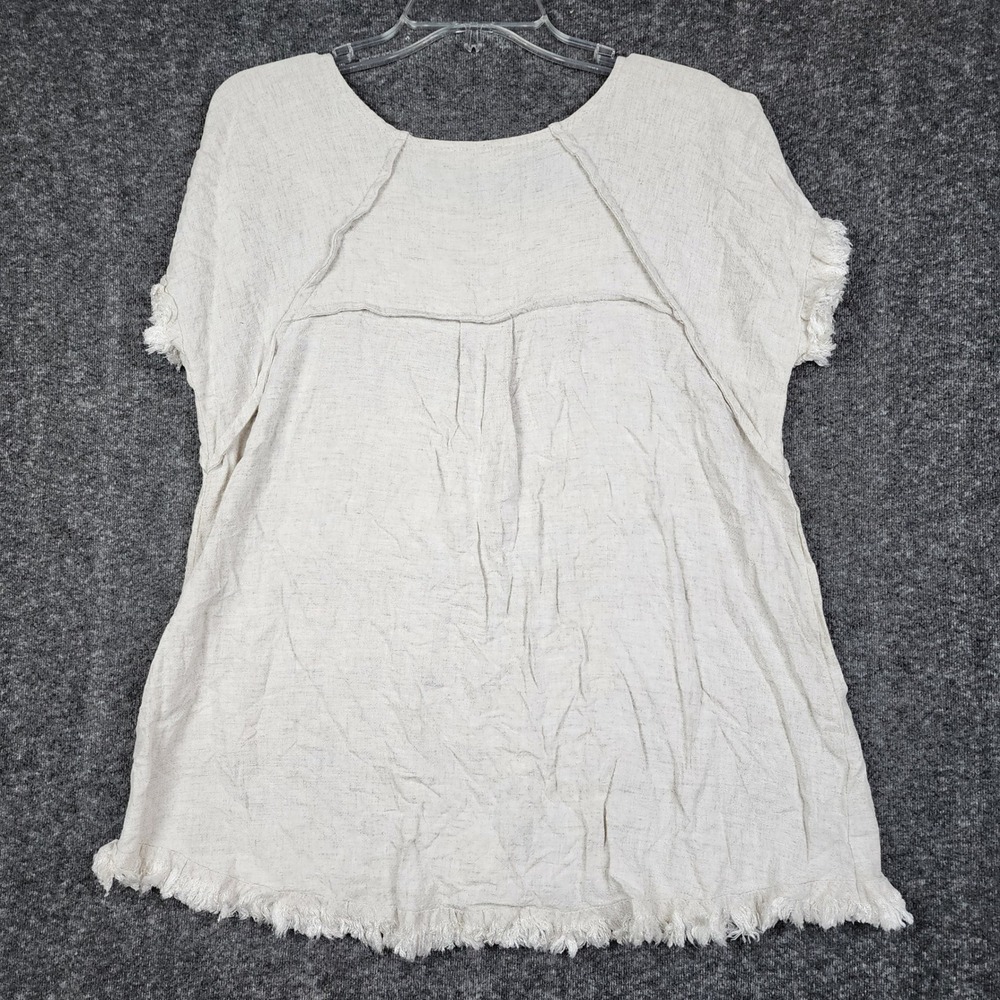 Umgee Cream Short Sleeve Fringe Hem Blouse
